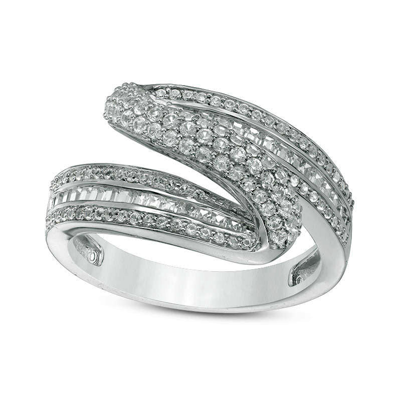 Image of ID 1 075 CT TW Baguette and Round Natural Diamond Wave Ring in Solid 10K White Gold