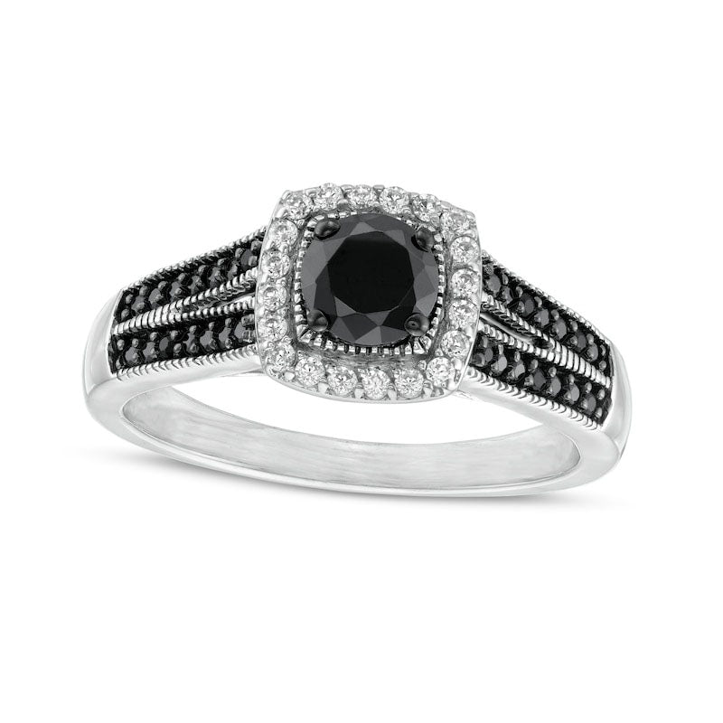Image of ID 1 075 CT TW Black Enhanced and White Natural Diamond Cushion Frame Split Shank Engagement Ring in Solid 10K White Gold