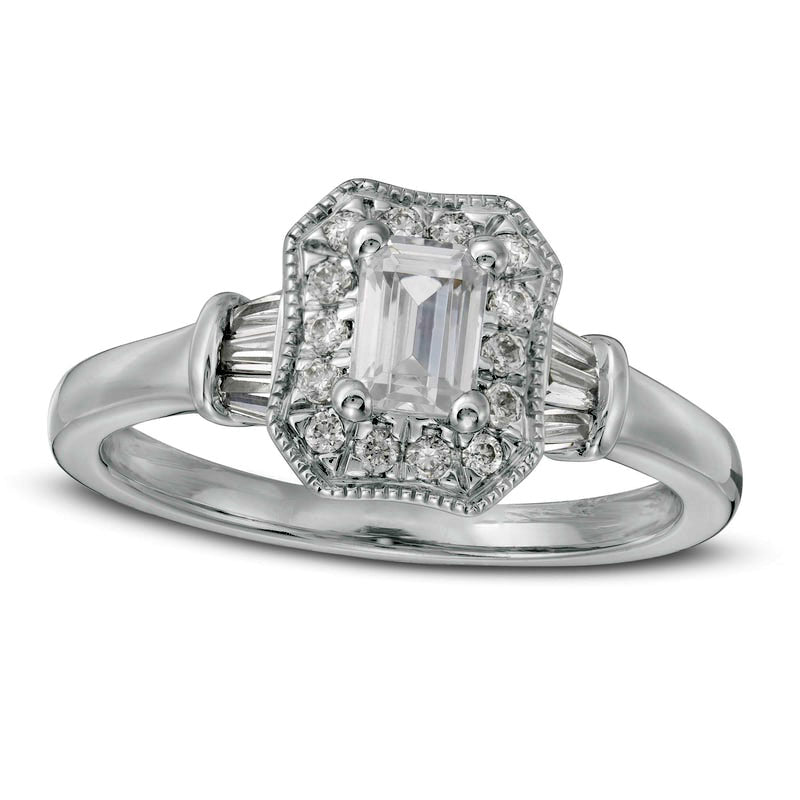 Image of ID 1 075 CT TW Certified Emerald-Cut Natural Diamond Octagonal Frame Antique Vintage-Style Engagement Ring in Solid 14K White Gold (I/I1)