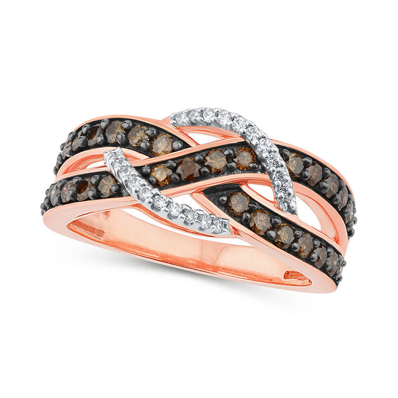 Image of ID 1 075 CT TW Champagne and White Natural Diamond Crossover Ring in Solid 10K Rose Gold