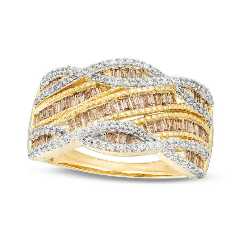 Image of ID 1 075 CT TW Champagne and White Natural Diamond Slant Twist Anniversary Ring in Solid 10K Yellow Gold