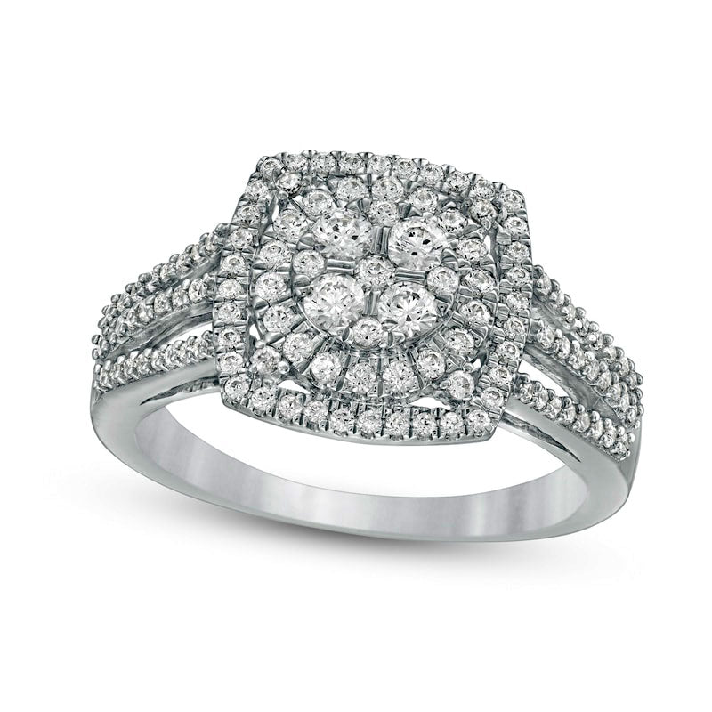 Image of ID 1 075 CT TW Composite Natural Diamond Cushion Frame Split Shank Ring in Solid 10K White Gold