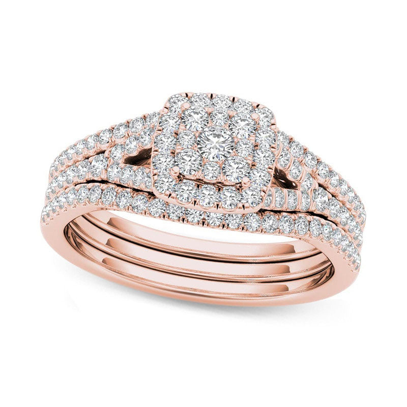 Image of ID 1 075 CT TW Composite Natural Diamond Cushion Frame Three Piece Bridal Engagement Ring Set in Solid 14K Rose Gold