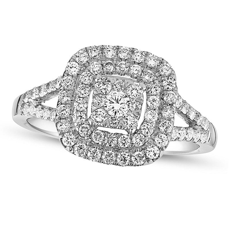 Image of ID 1 075 CT TW Composite Natural Diamond Double Frame Split Shank Engagement Ring in Solid 14K White Gold