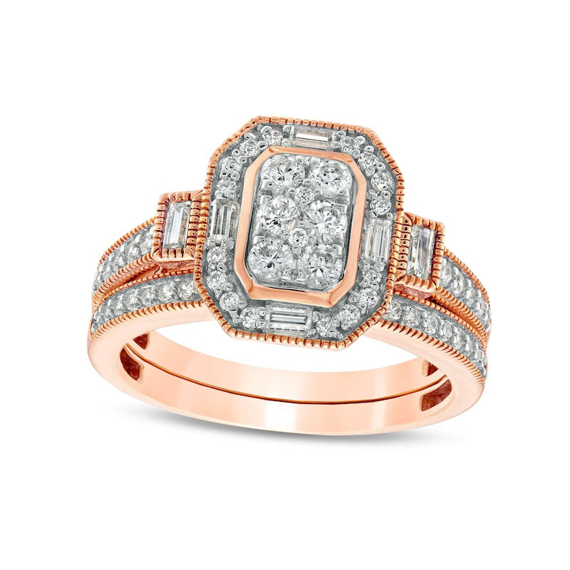 Image of ID 1 075 CT TW Composite Natural Diamond Elongated Octagonal Frame Antique Vintage-Style Bridal Engagement Ring Set in Solid 10K Rose Gold