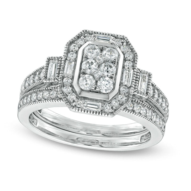 Image of ID 1 075 CT TW Composite Natural Diamond Elongated Octagonal Frame Antique Vintage-Style Bridal Engagement Ring Set in Solid 10K White Gold