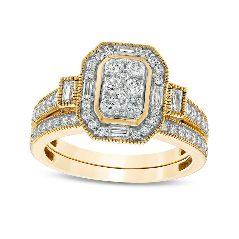 Image of ID 1 075 CT TW Composite Natural Diamond Elongated Octagonal Frame Antique Vintage-Style Bridal Engagement Ring Set in Solid 10K Yellow Gold