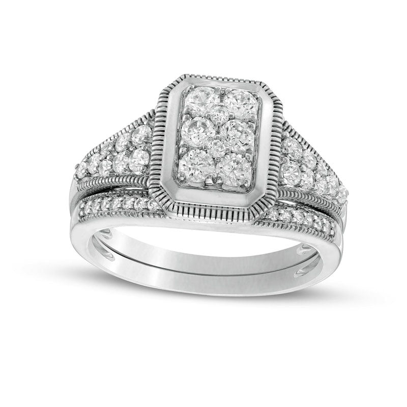 Image of ID 1 075 CT TW Composite Natural Diamond Frame Antique Vintage-Style Bridal Engagement Ring Set in Solid 10K White Gold