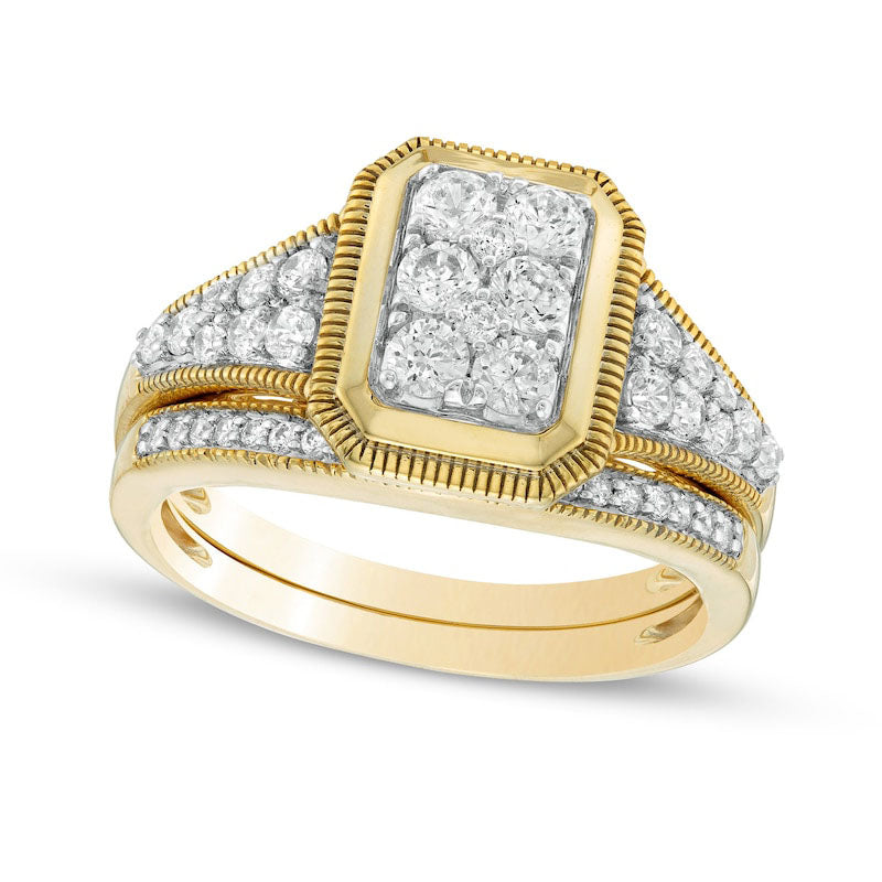 Image of ID 1 075 CT TW Composite Natural Diamond Frame Antique Vintage-Style Bridal Engagement Ring Set in Solid 10K Yellow Gold