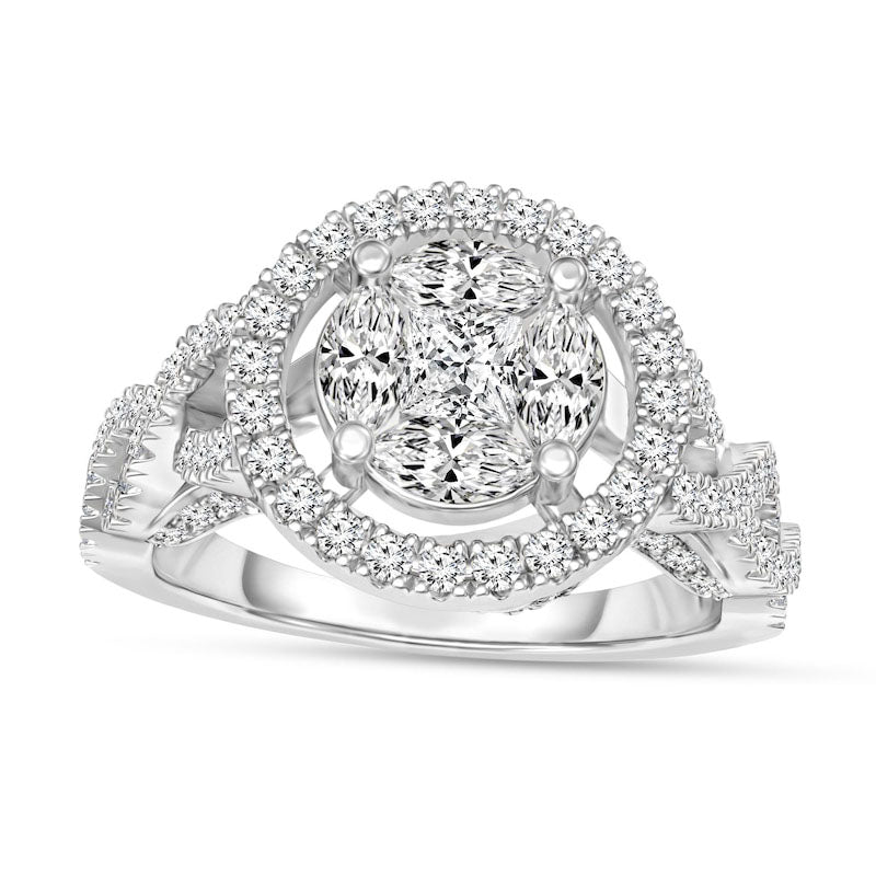 Image of ID 1 075 CT TW Composite Natural Diamond Frame Twist Split Shank Engagement Ring in Solid 14K White Gold