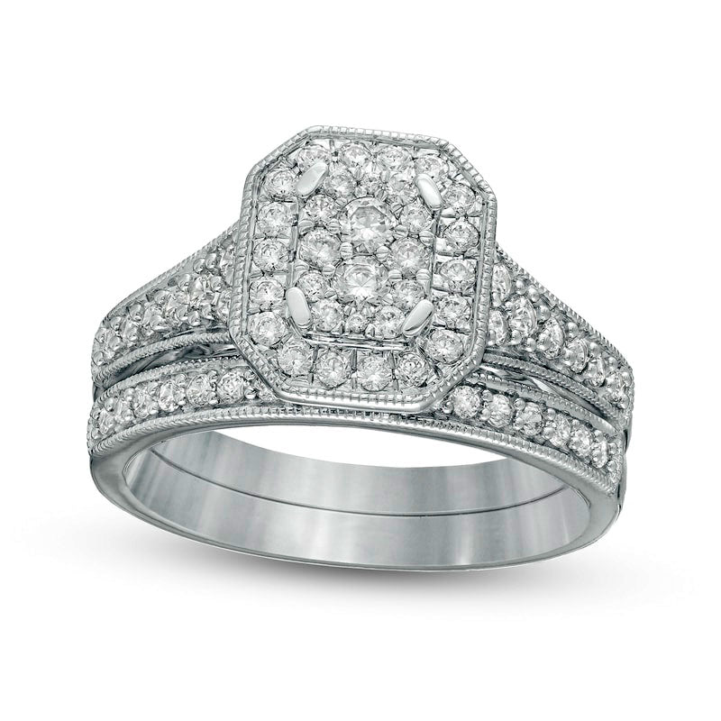 Image of ID 1 075 CT TW Composite Natural Diamond Octagon Frame Antique Vintage-Style Bridal Engagement Ring Set in Solid 14K White Gold