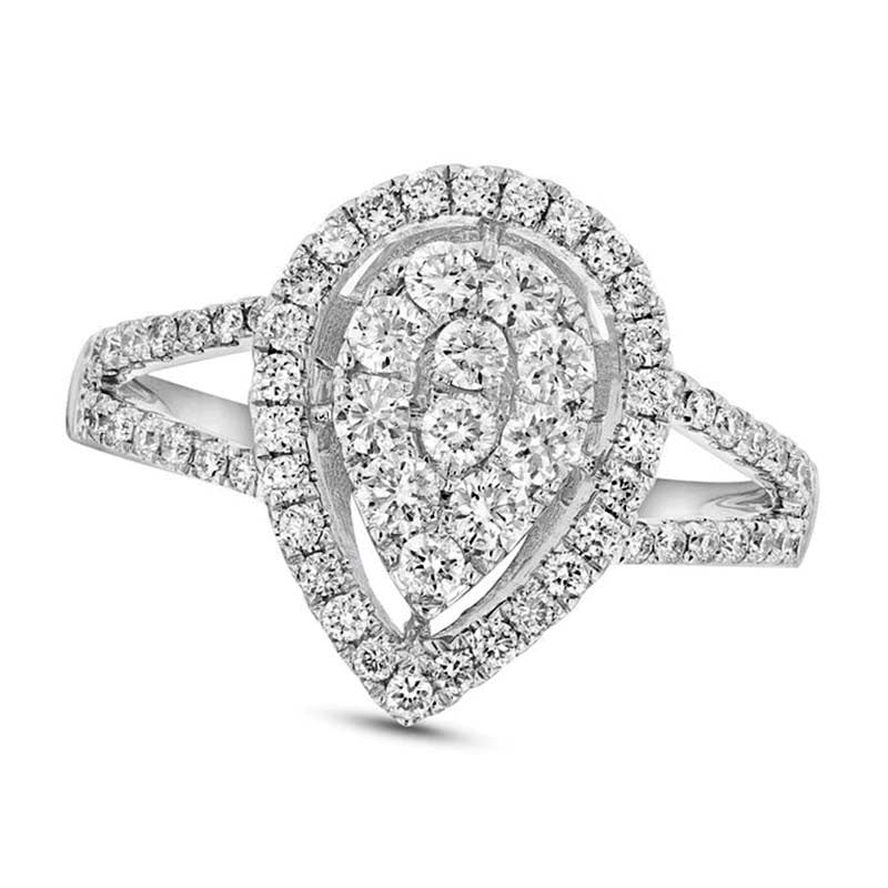 Image of ID 1 075 CT TW Composite Natural Diamond Pear-Shaped Frame Split Shank Engagement Ring in Solid 18K White Gold (H/SI2)