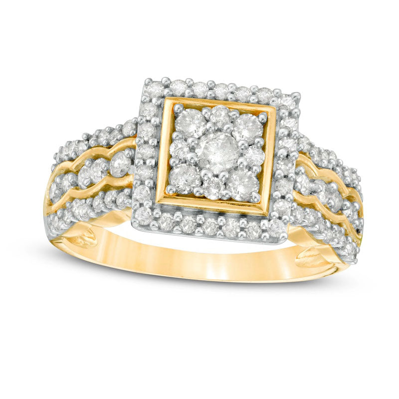 Image of ID 1 075 CT TW Composite Natural Diamond Square Frame Scallop Shank Engagement Ring in Solid 10K Yellow Gold