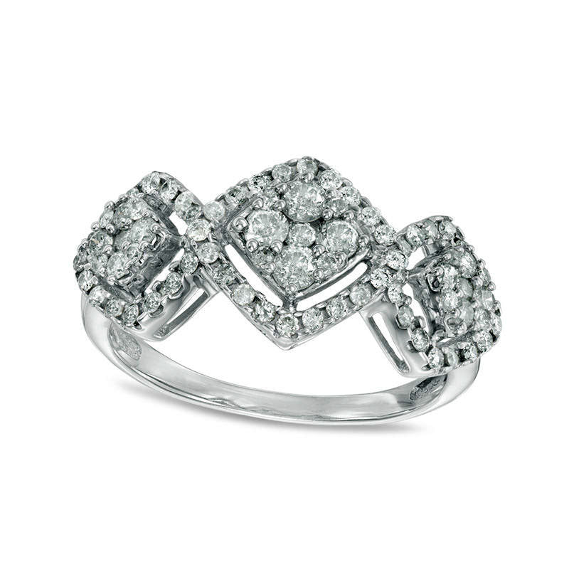 Image of ID 1 075 CT TW Composite Natural Diamond Tilted Cushion Frame Three Stone Ring in Solid 10K White Gold