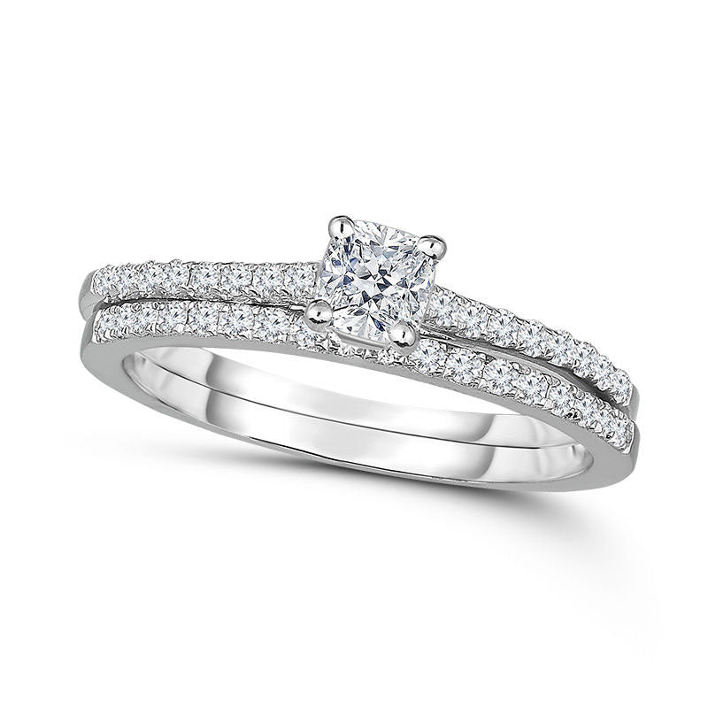 Image of ID 1 075 CT TW Cushion-Cut Natural Diamond Bridal Engagement Ring Set in Solid 14K White Gold