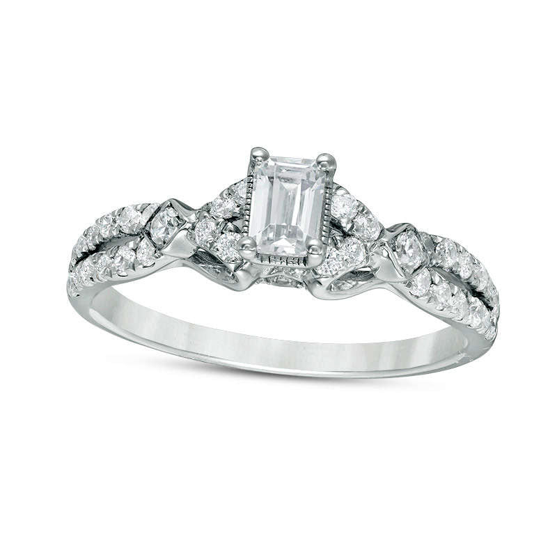 Image of ID 1 075 CT TW Emerald-Cut Natural Diamond Antique Vintage-Style Engagement Ring in Solid 14K White Gold - Size 7