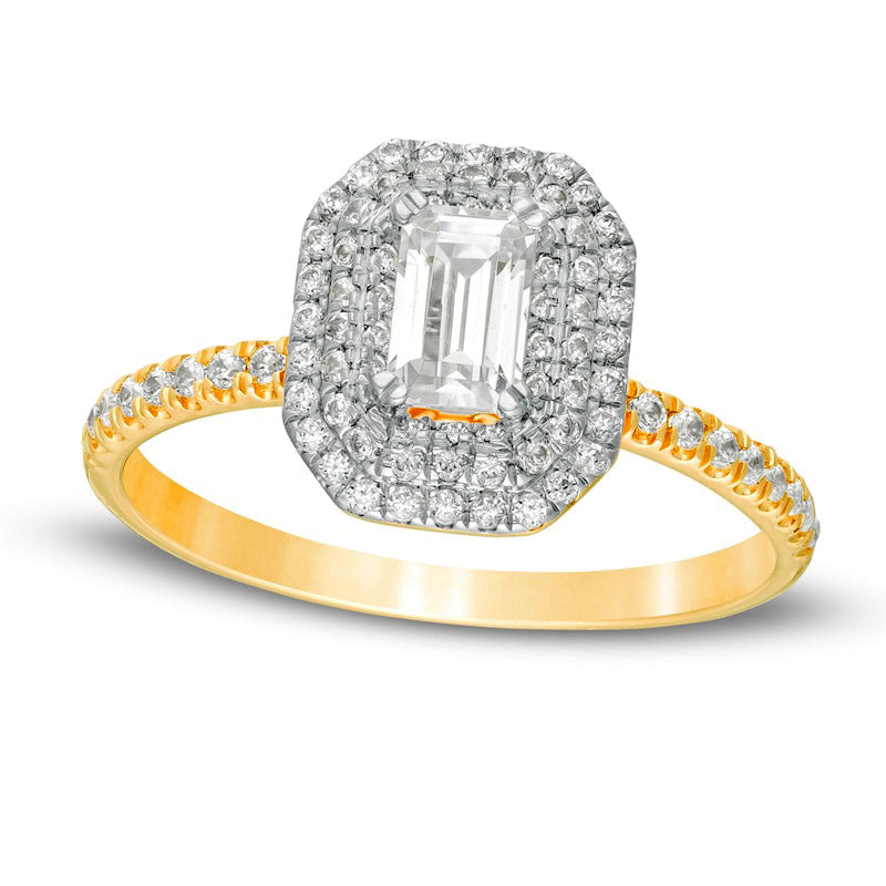 Image of ID 1 075 CT TW Emerald-Cut Natural Diamond Double Octagonal Frame Engagement Ring in Solid 14K Gold