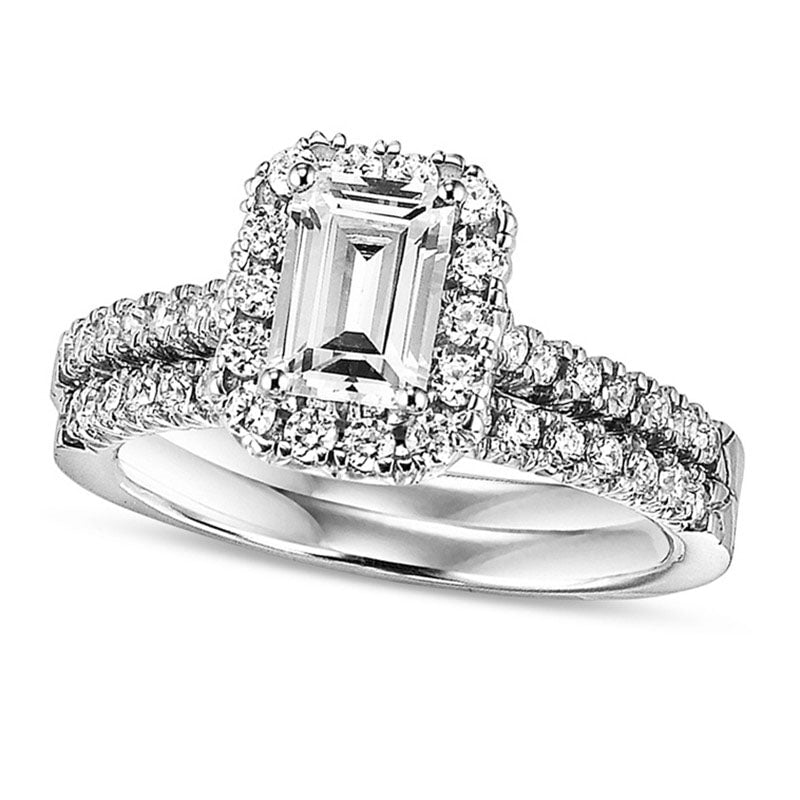 Image of ID 1 075 CT TW Emerald-Cut Natural Diamond Frame Bridal Engagement Ring Set in Solid 14K White Gold