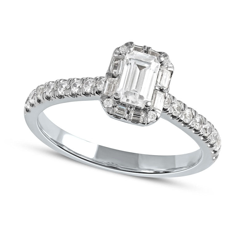 Image of ID 1 075 CT TW Emerald-Cut Natural Diamond Frame Engagement Ring in Solid 10K White Gold (I/I1)