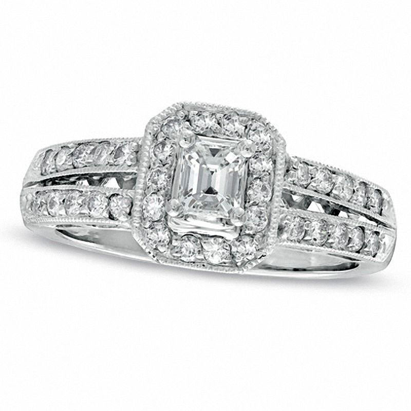 Image of ID 1 075 CT TW Emerald-Cut Natural Diamond Frame Engagement Ring in Solid 14K White Gold
