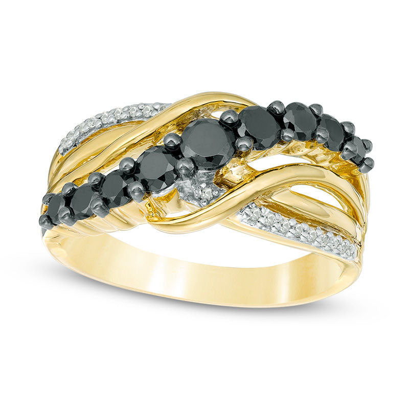 Image of ID 1 075 CT TW Enhanced Black and White Layered Crossover Ring in Solid 10K Yellow Gold