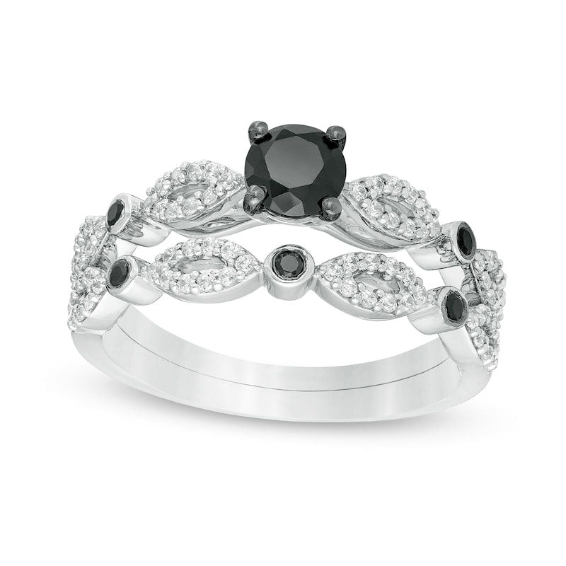 Image of ID 1 075 CT TW Enhanced Black and White Natural Diamond Alternating Marquise Frame Bridal Engagement Ring Set in Solid 10K White Gold
