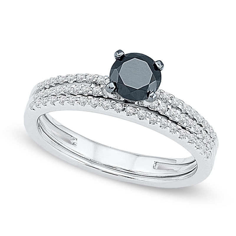 Image of ID 1 075 CT TW Enhanced Black and White Natural Diamond Bridal Engagement Ring Set in Solid 10K White Gold