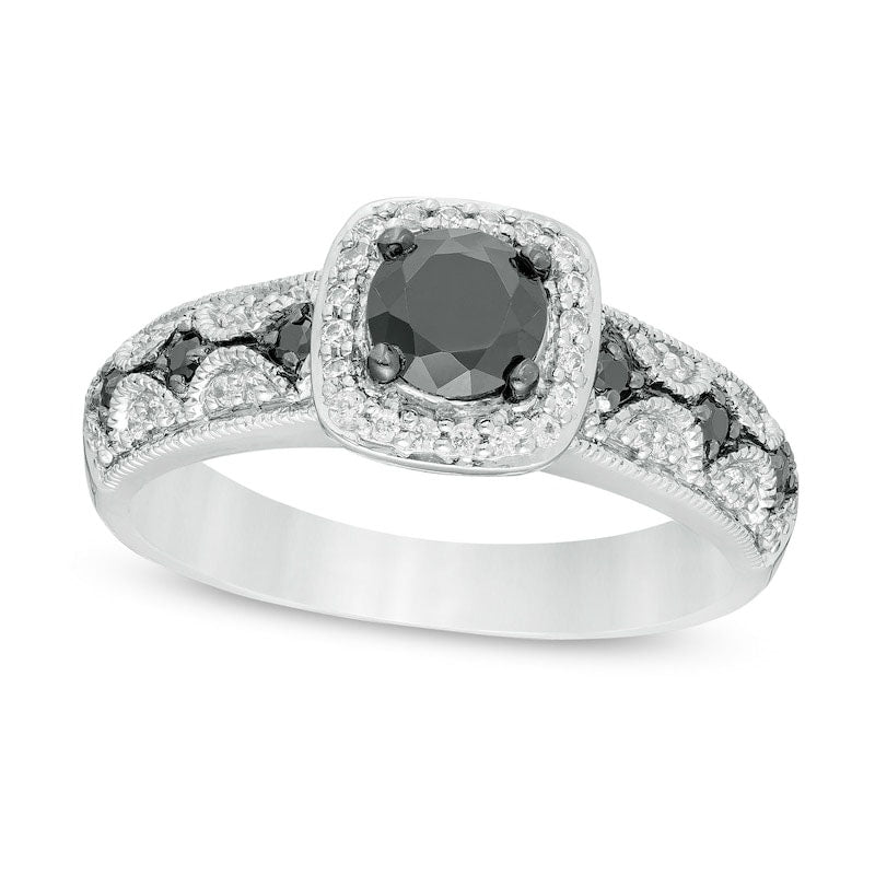 Image of ID 1 075 CT TW Enhanced Black and White Natural Diamond Cushion Frame Antique Vintage-Style Engagement Ring in Solid 10K White Gold