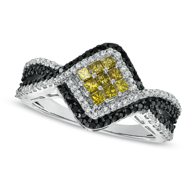 Image of ID 1 075 CT TW Enhanced Yellow Black and White Natural Diamond Ring in Sterling Silver