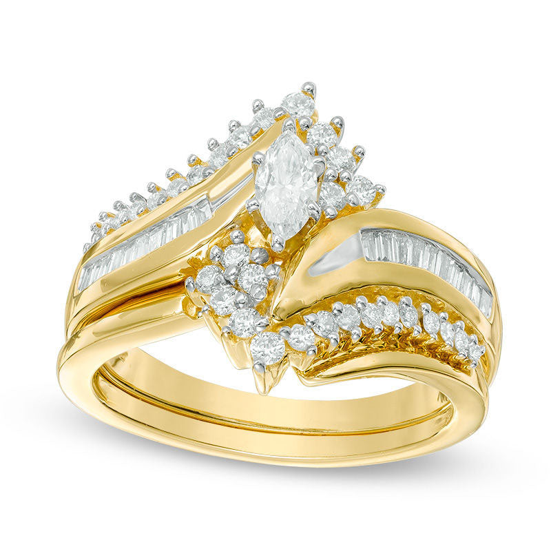 Image of ID 1 075 CT TW Marquise Natural Diamond Bypass Bridal Engagement Ring Set in Solid 14K Gold