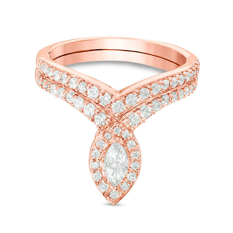 Image of ID 1 075 CT TW Marquise Natural Diamond Frame Bridal Engagement Ring Set in Solid 10K Rose Gold