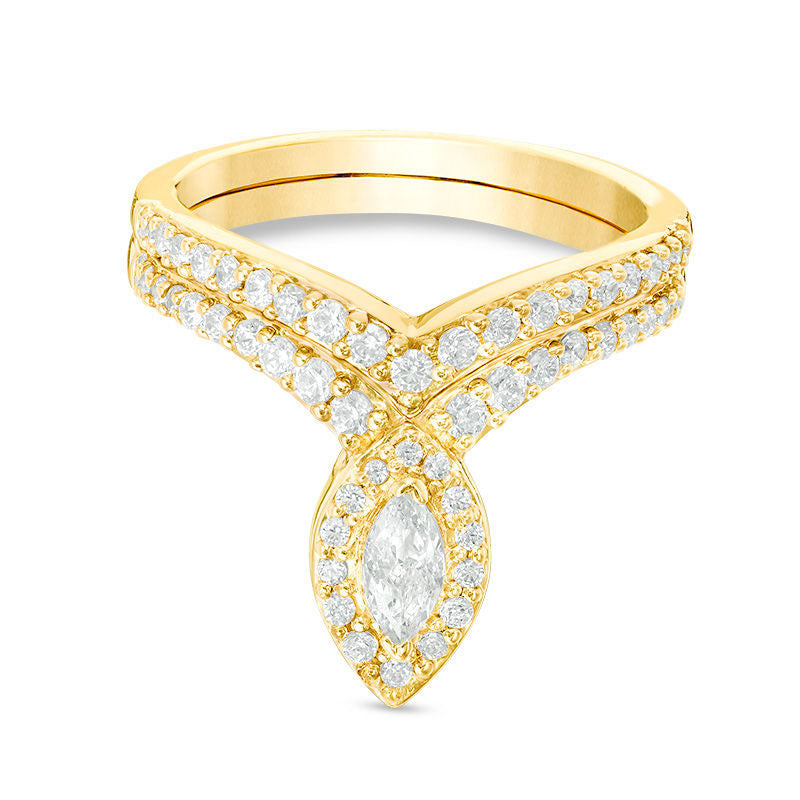 Image of ID 1 075 CT TW Marquise Natural Diamond Frame Bridal Engagement Ring Set in Solid 10K Yellow Gold