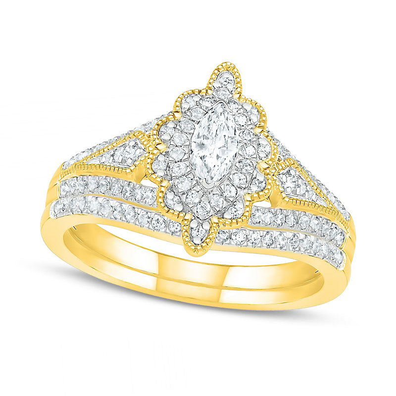 Image of ID 1 075 CT TW Marquise Natural Diamond Scallop Edge Frame Antique Vintage-Style Bridal Engagement Ring Set in Solid 10K Yellow Gold