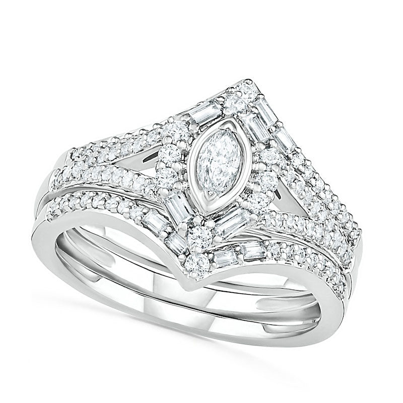 Image of ID 1 075 CT TW Multi-Shape Natural Diamond Chevron Split Shank Bridal Engagement Ring Set in Solid 10K White Gold