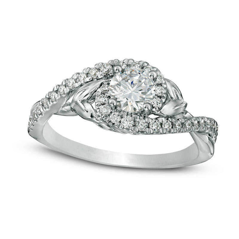 Image of ID 1 075 CT TW Natural Diamond Bypass Leaf-Sides Engagement Ring in Solid 14K White Gold