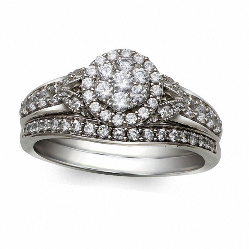 Image of ID 1 075 CT TW Natural Diamond Cluster Antique Vintage-Style Bridal Engagement Ring Set in Solid 10K White Gold