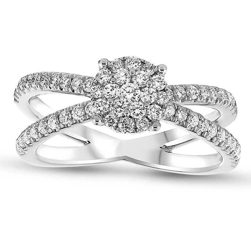 Image of ID 1 075 CT TW Natural Diamond Cluster Orbit Engagement Ring in Solid 18K White Gold