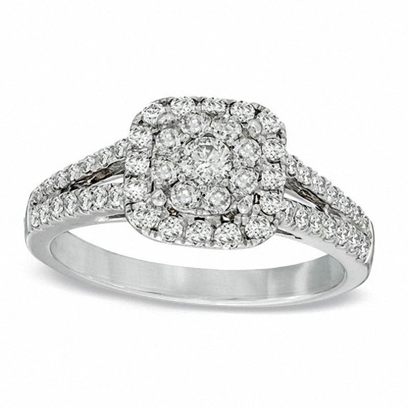 Image of ID 1 075 CT TW Natural Diamond Cluster Split Shank Engagement Ring in Solid 14K White Gold