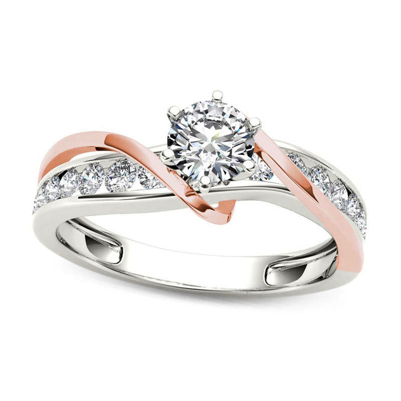 Image of ID 1 075 CT TW Natural Diamond Crossover Engagement Ring in Solid 14K Two-Tone Gold