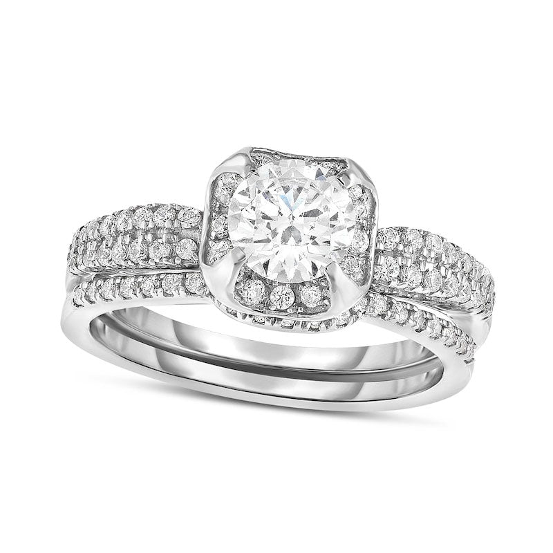 Image of ID 1 075 CT TW Natural Diamond Cushion Frame Double Row Bridal Engagement Ring Set in Solid 14K White Gold