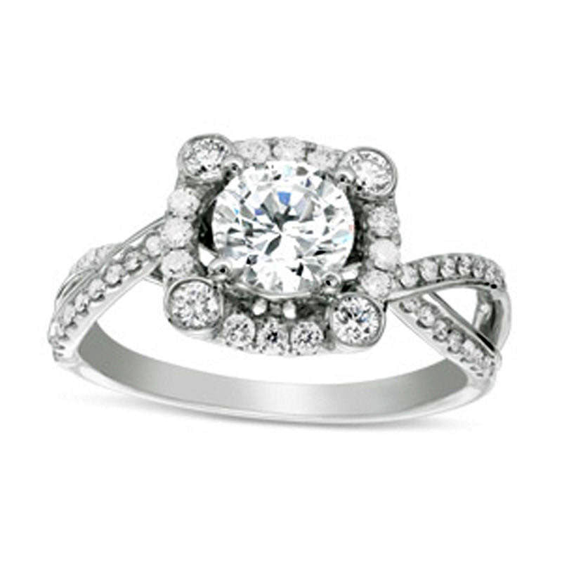 Image of ID 1 075 CT TW Natural Diamond Cushion Frame Twist Shank Engagement Ring in Solid 14K White Gold