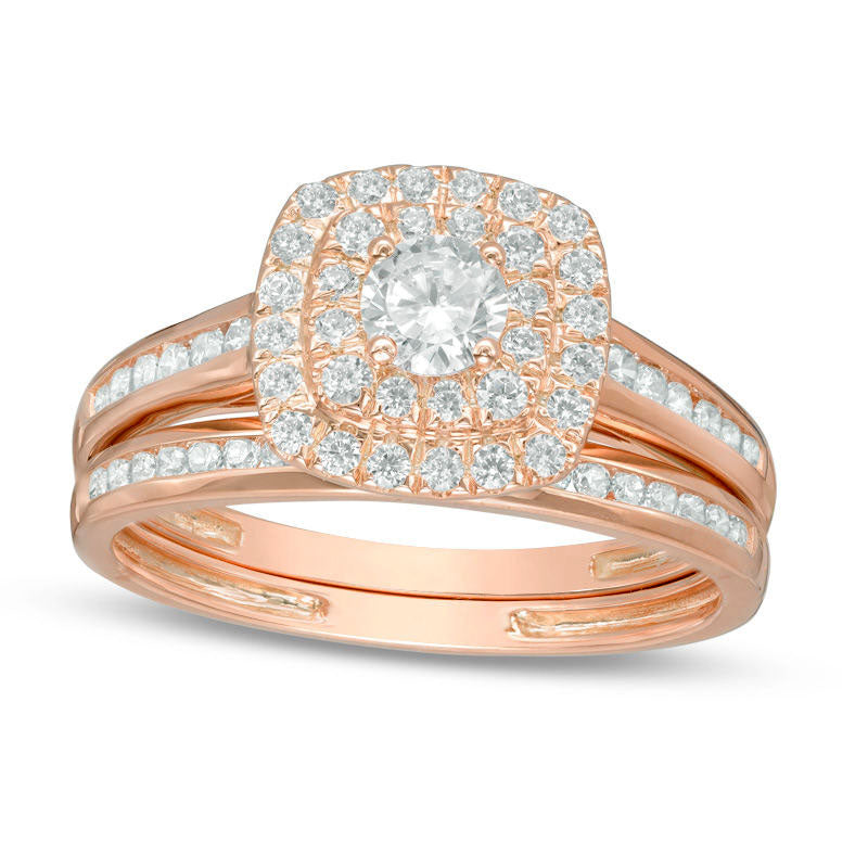 Image of ID 1 075 CT TW Natural Diamond Double Cushion Frame Bridal Engagement Ring Set in Solid 10K Rose Gold