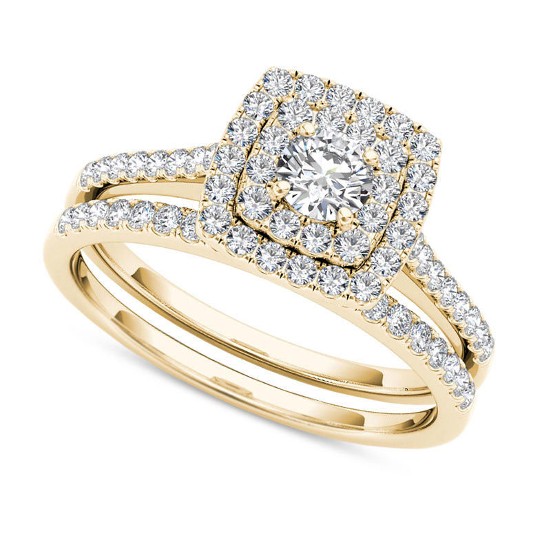 Image of ID 1 075 CT TW Natural Diamond Double Cushion Frame Bridal Engagement Ring Set in Solid 14K Gold