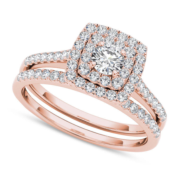 Image of ID 1 075 CT TW Natural Diamond Double Cushion Frame Bridal Engagement Ring Set in Solid 14K Rose Gold