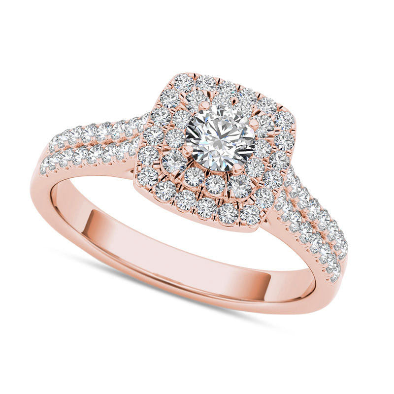 Image of ID 1 075 CT TW Natural Diamond Double Cushion Frame Engagement Ring in Solid 14K Rose Gold