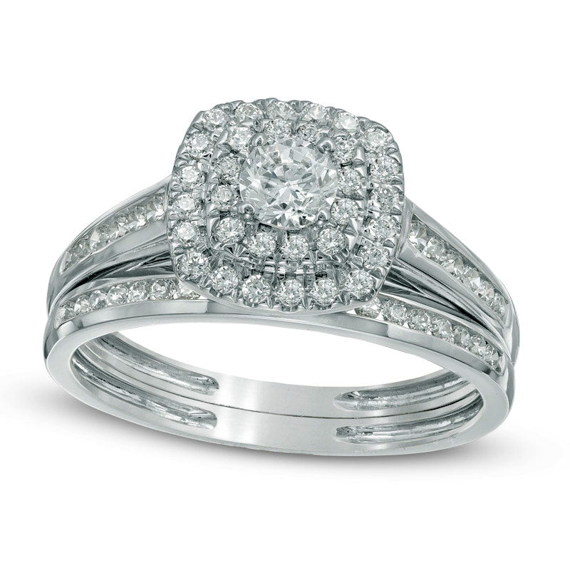 Image of ID 1 075 CT TW Natural Diamond Double Frame Bridal Engagement Ring Set in Solid 10K White Gold