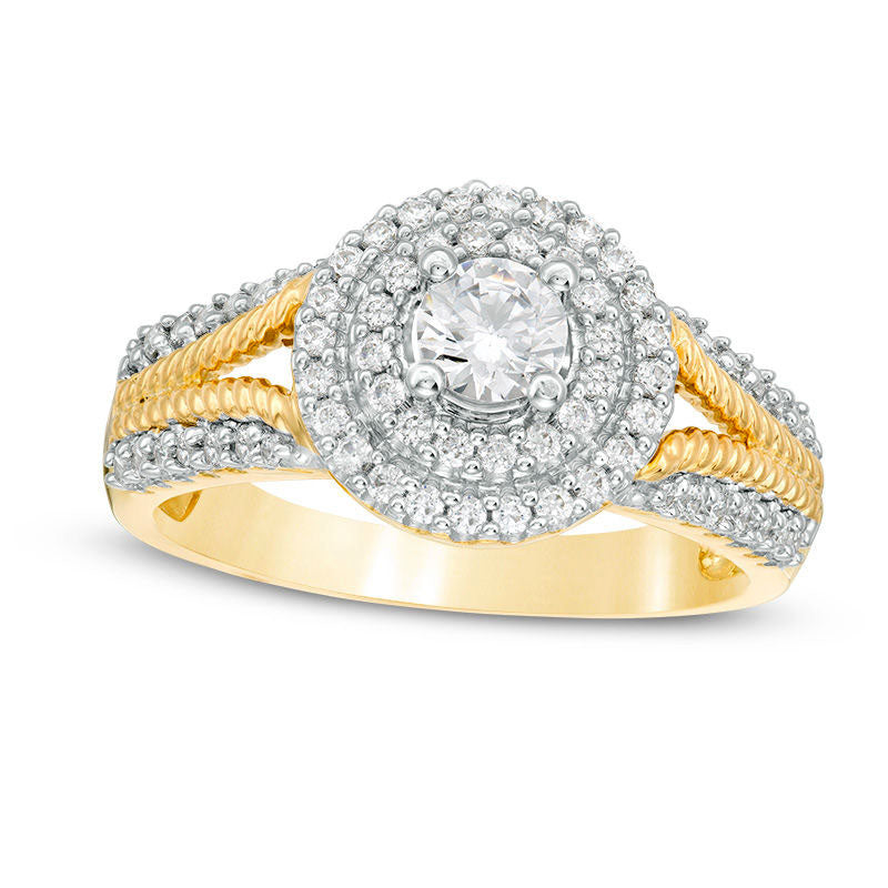 Image of ID 1 075 CT TW Natural Diamond Double Frame Rope Shank Engagement Ring in Solid 14K Gold