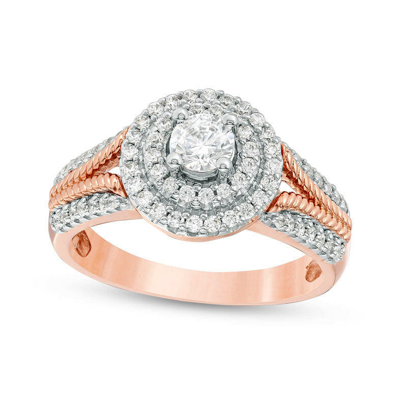 Image of ID 1 075 CT TW Natural Diamond Double Frame Rope Shank Engagement Ring in Solid 14K Rose Gold