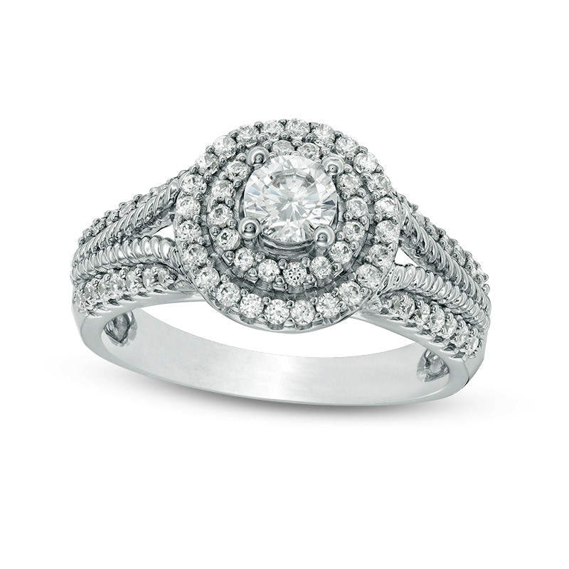 Image of ID 1 075 CT TW Natural Diamond Double Frame Rope Twist Engagement Ring in Solid 14K White Gold