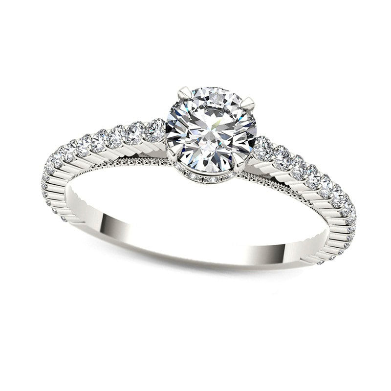 Image of ID 1 075 CT TW Natural Diamond Etched Engagement Ring in Solid 14K White Gold